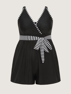 Womans Black Romper Swimsuit with Black & White Stripe Trim